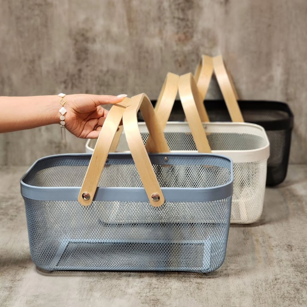 Canasto De Metal Rectangular Con Agarraderas De Bambú