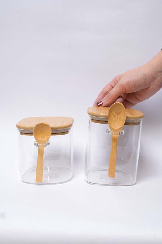 Kit de 2 Frascos Cuadrados Herméticos de Vidrio con Tapa y Cucharita de Bambú