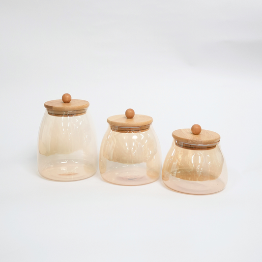 Kit de 3 Frascos Elegantes De Vidrio Ámbar Con Tapa De Bambú Hermética