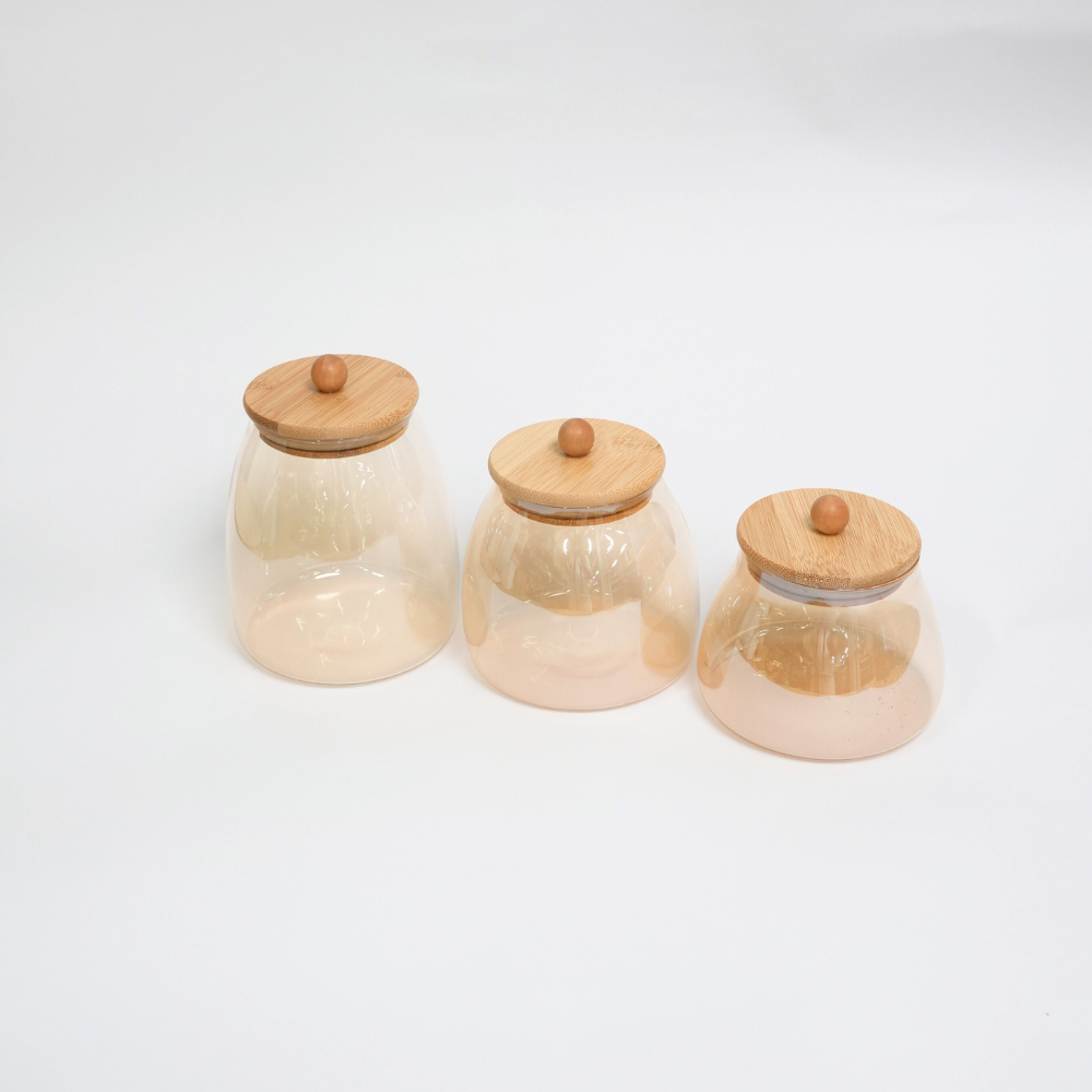 Kit de 3 Frascos Elegantes De Vidrio Ámbar Con Tapa De Bambú Hermética
