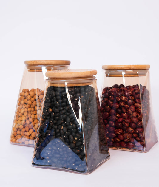 Kit De 3 Frascos De Lujo Ambar Tipo Pirámide Con Tapa De Bambú