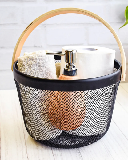 Canasto De Metal Redondo Con Agarraderas De Bambú