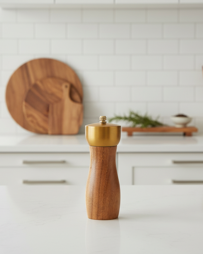 Molinillo Pequeño Para Sal y Pimienta De Madera De Acacia con Dorado