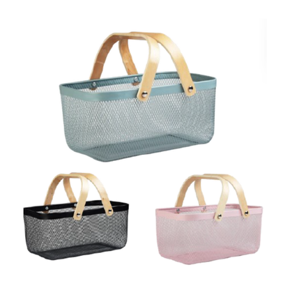 Canasto De Metal Rectangular Con Agarraderas De Bambú