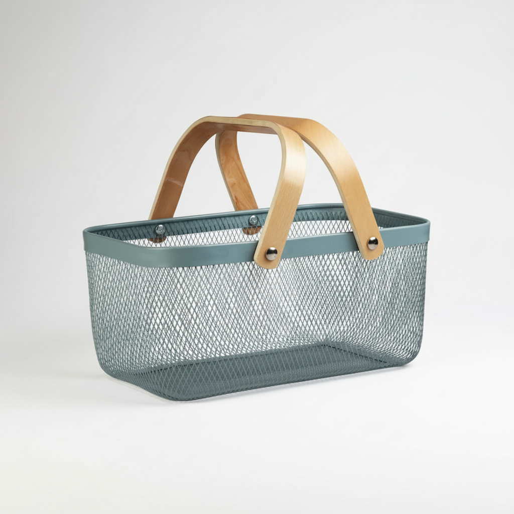 Canasto De Metal Rectangular Con Agarraderas De Bambú