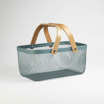 Canasto De Metal Rectangular Con Agarraderas De Bambú