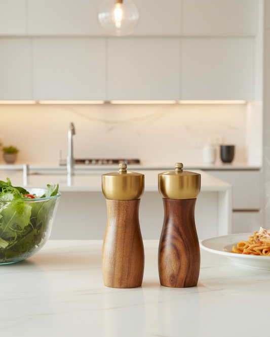 Set De 2 Molinillos Pequeños Para Sal y Pimienta De Madera De Acacia Con Dorado