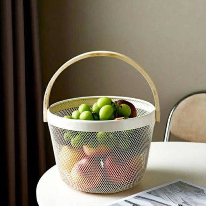 Canasto De Metal Redondo Con Agarraderas De Bambú