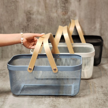 Canasto De Metal Rectangular Con Agarraderas De Bambú