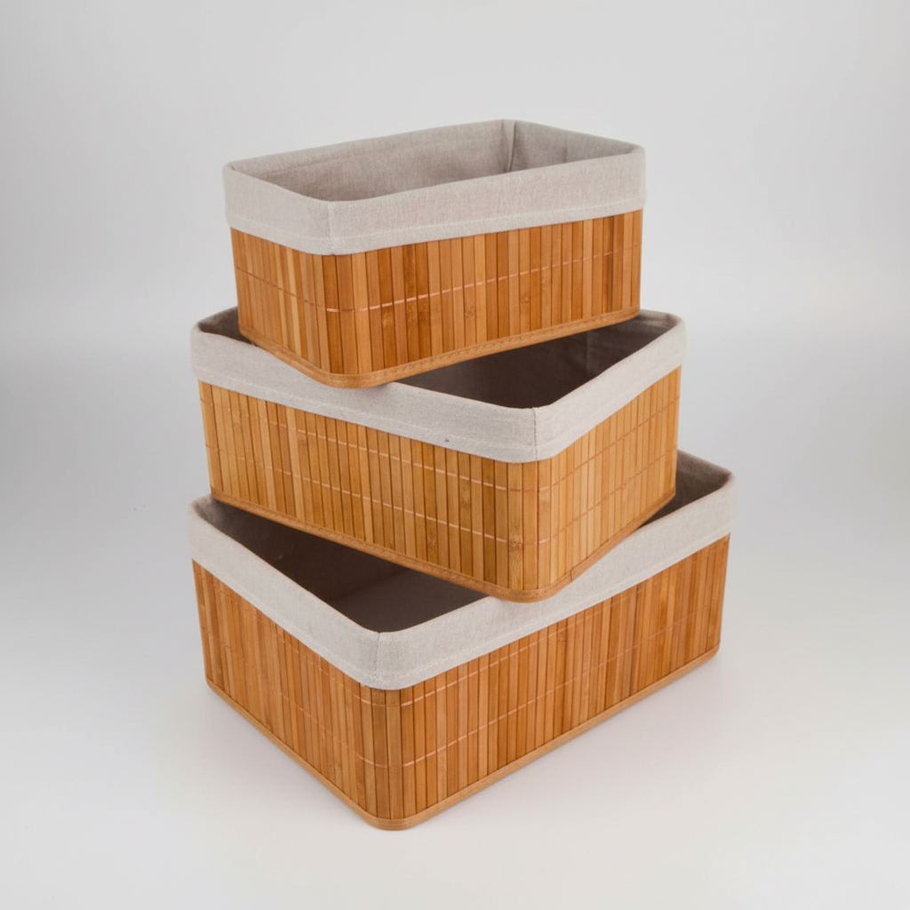 Kit De 3 Cestas Organizadoras De Bambú Con Forro