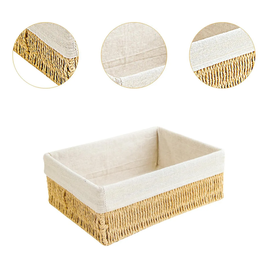 Kit De 3 Canastos Hechas De Papel Trenzado Manual Con Forro En Tela