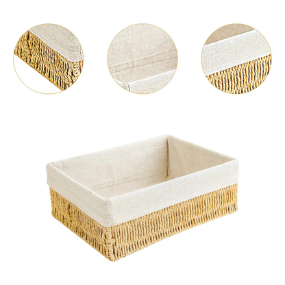 Kit De 3 Canastos Hechas De Papel Trenzado Manual Con Forro En Tela