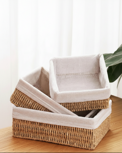 Kit De 3 Canastos Hechas De Papel Trenzado Manual Con Forro En Tela