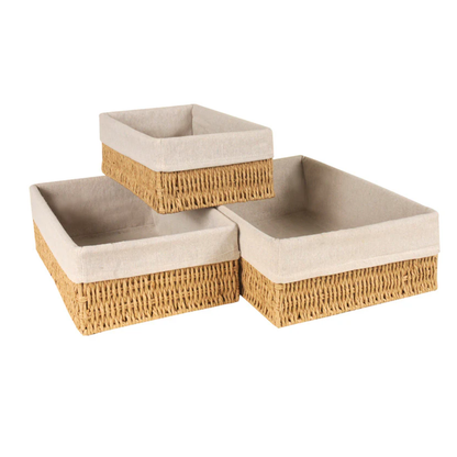 Kit De 3 Canastos Hechas De Papel Trenzado Manual Con Forro En Tela