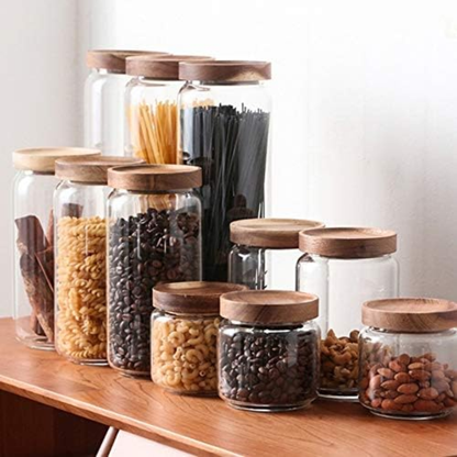5 Contenedores de vidrio con tapa de Madera de acacia