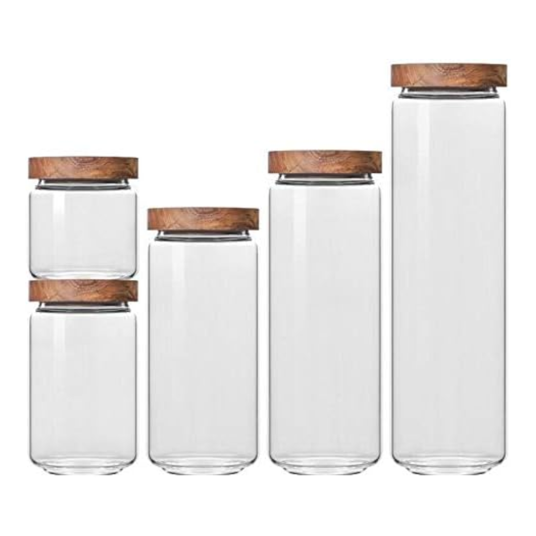 5 Contenedores de vidrio con tapa de Madera de acacia