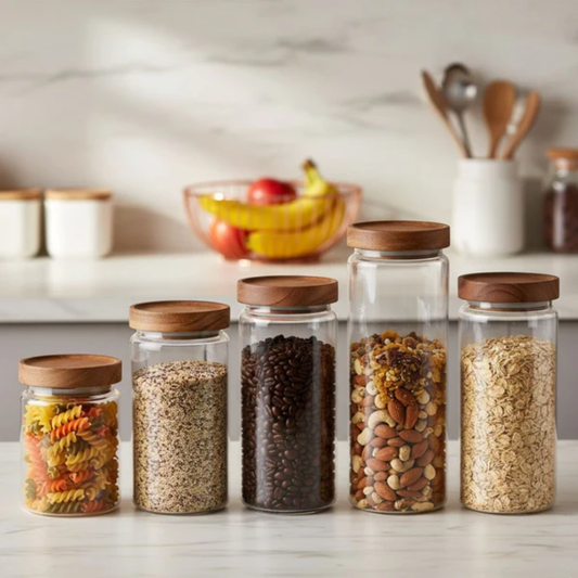 5 Contenedores de vidrio con tapa de Madera de acacia