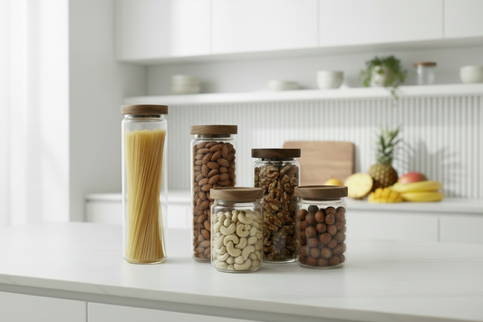 Kit De 5 Frascos De Vidrio Con Tapa De Madera De Acacia