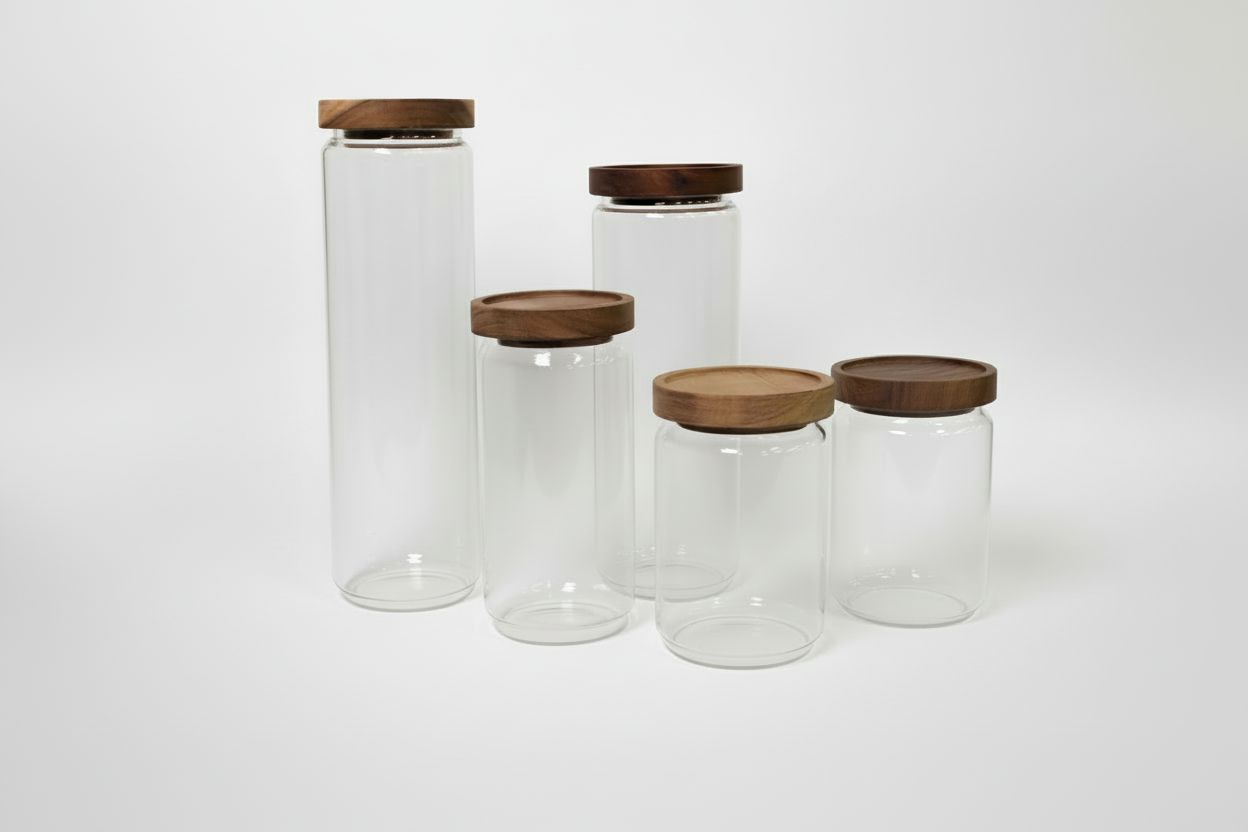 Kit De 5 Frascos De Vidrio Con Tapa De Madera De Acacia