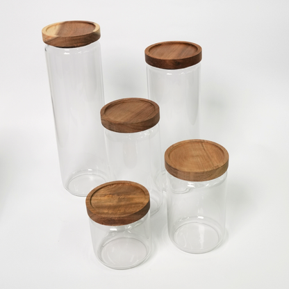 Kit De 5 Frascos De Vidrio Con Tapa De Madera De Acacia