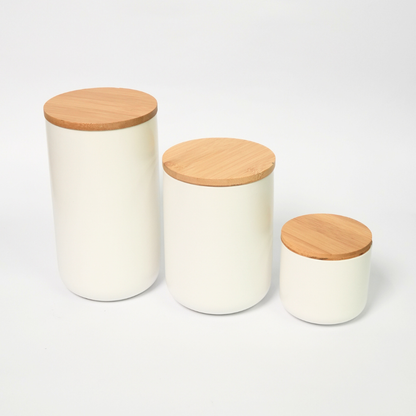 Kit De 3 Frascos Herméticos De Cerámica Con Tapa De Bambú