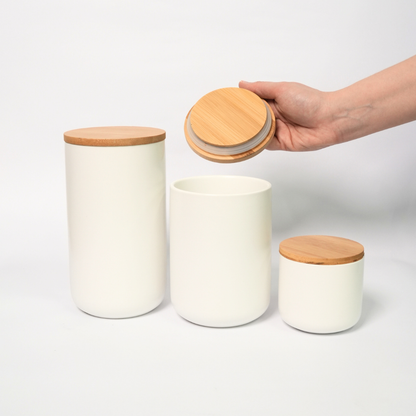 Kit De 3 Frascos Herméticos De Cerámica Con Tapa De Bambú