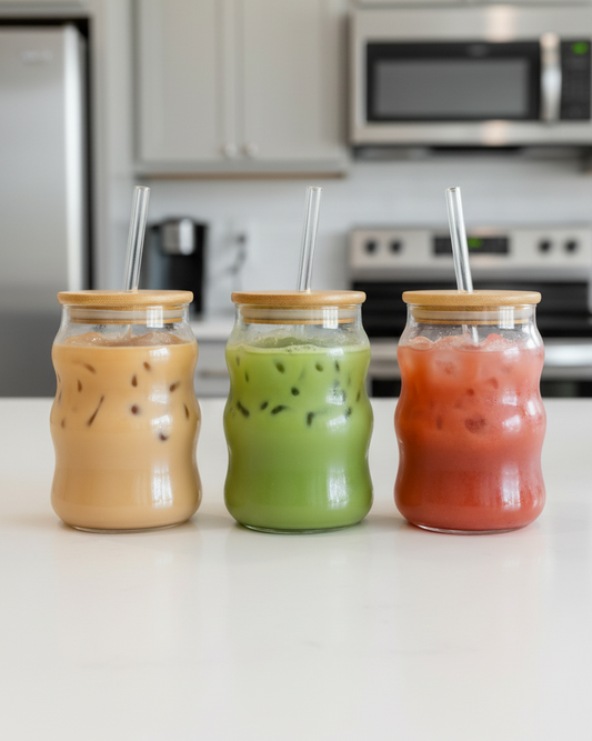 Vaso de Vidrio con Tapa de Bambú 500ml con Pitillo