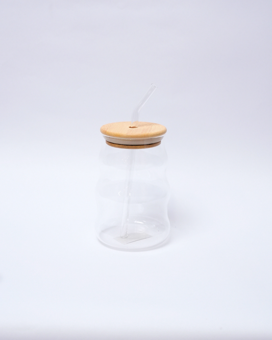 Vaso de Vidrio con Tapa de Bambú 500ml con Pitillo