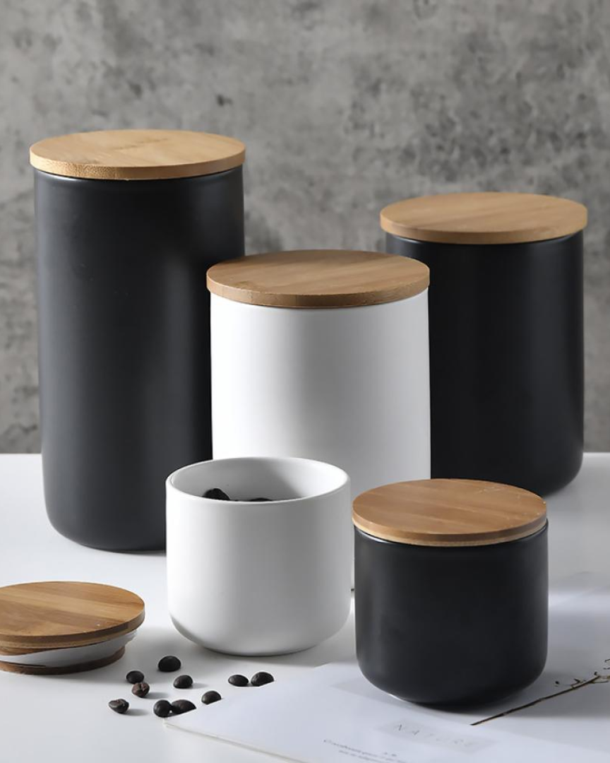 Kit De 3 Frascos Herméticos De Cerámica Con Tapa De Bambú