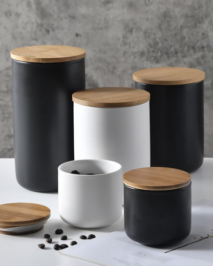 Kit De 3 Frascos Herméticos De Cerámica Con Tapa De Bambú