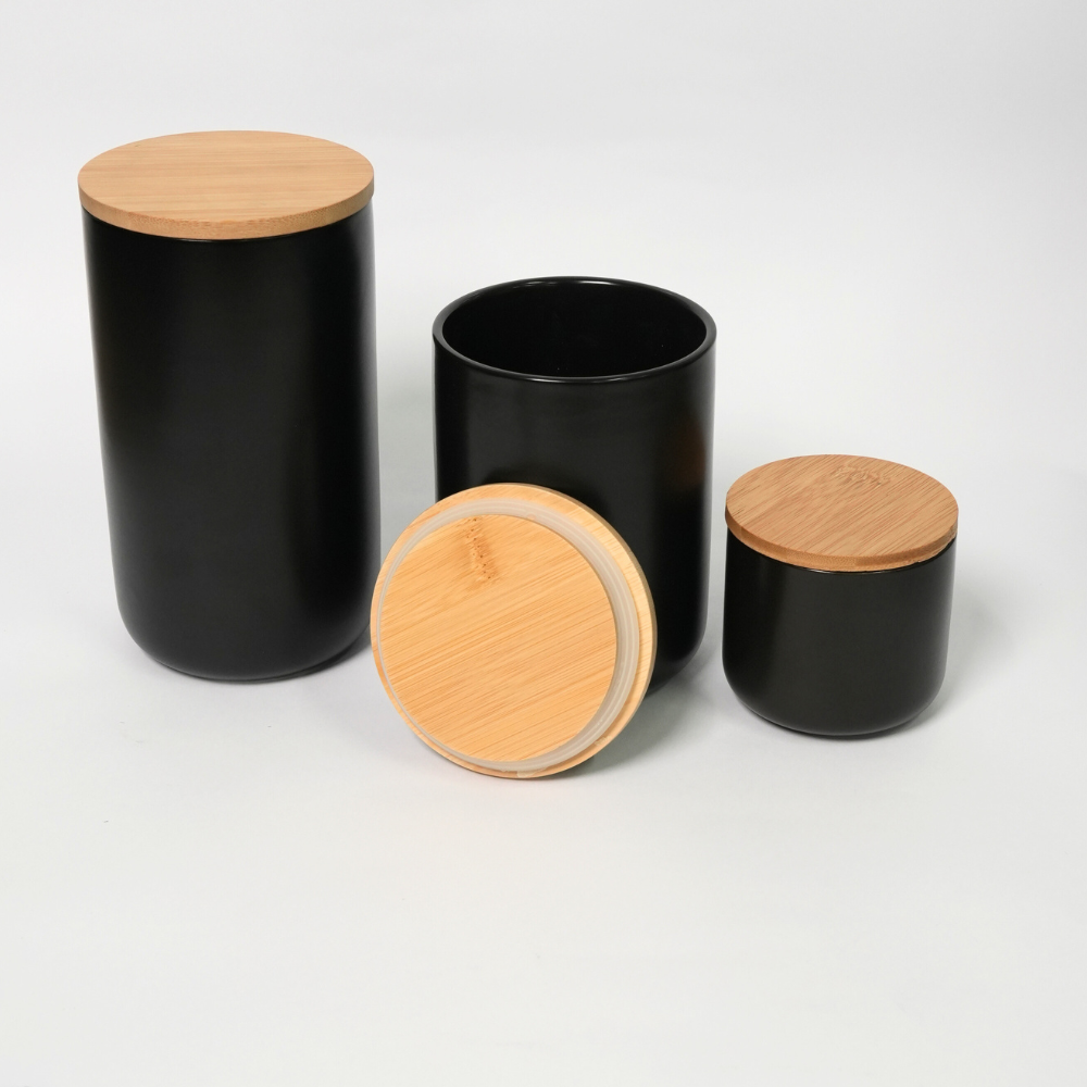 Kit De 3 Frascos Herméticos De Cerámica Con Tapa De Bambú