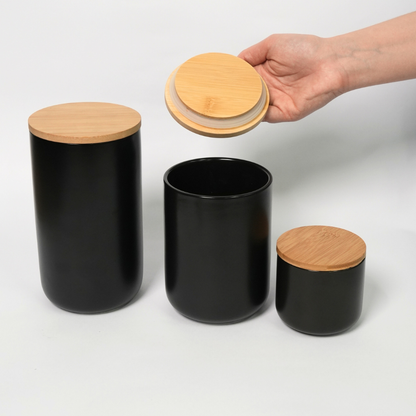 Kit De 3 Frascos Herméticos De Cerámica Con Tapa De Bambú