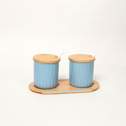 Set De 2 Tarros De Cerámica Con Accesorios De Bambú