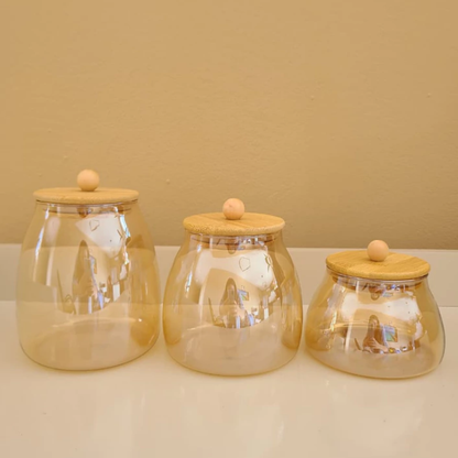 Kit de 3 Frascos Elegantes De Vidrio Ámbar Con Tapa De Bambú Hermética