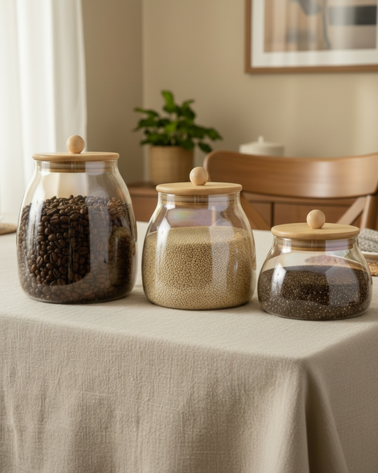 Kit de 3 Frascos Elegantes De Vidrio Ámbar Con Tapa De Bambú Hermética