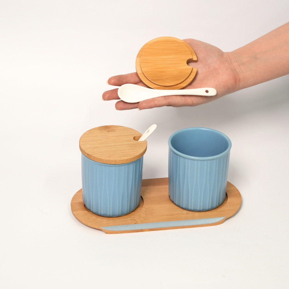 Set De 2 Tarros De Cerámica Con Accesorios De Bambú