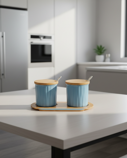 Set De 2 Tarros De Cerámica Con Accesorios De Bambú