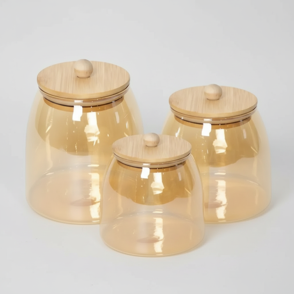 Kit de 3 Frascos Elegantes De Vidrio Ámbar Con Tapa De Bambú Hermética