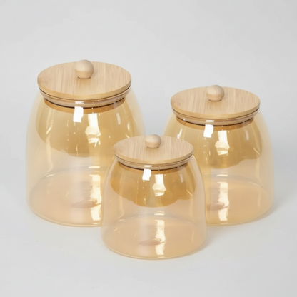 Kit de 3 Frascos Elegantes De Vidrio Ámbar Con Tapa De Bambú Hermética