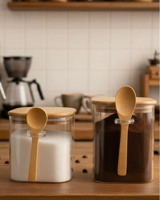 Kit de 2 Frascos Cuadrados Herméticos de Vidrio con Tapa y Cucharita de Bambú