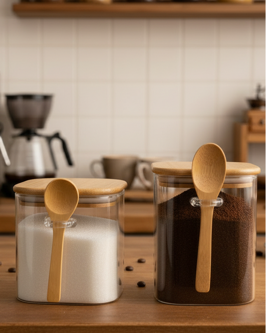 Kit de 2 Frascos Cuadrados Herméticos de Vidrio con Tapa y Cucharita de Bambú