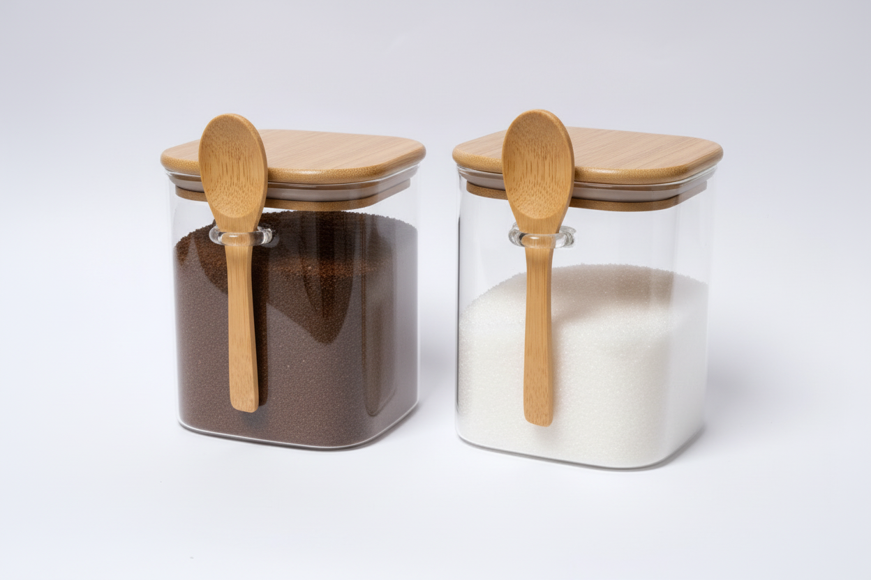 Kit de 2 Frascos Cuadrados Herméticos de Vidrio con Tapa y Cucharita de Bambú