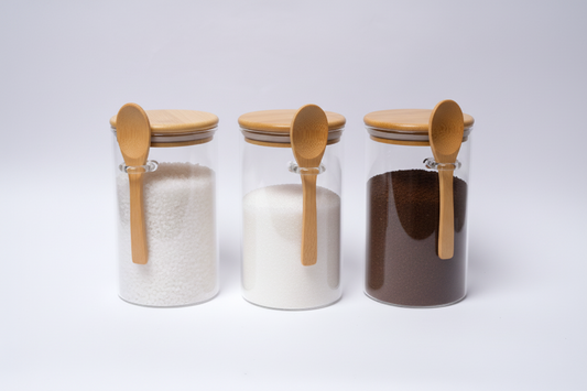Kit de 3 Frascos Redondos Herméticos de Vidrio con Tapa y Cucharita de Bambú