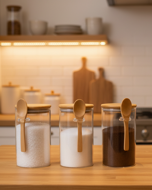 Kit de 3 Frascos Redondos Herméticos de Vidrio con Tapa y Cucharita de Bambú