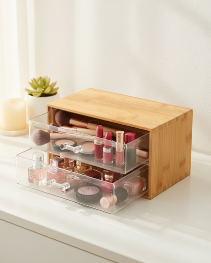 Organizador De Maquillaje De Bambú Con 2 Cajones Acrílicos