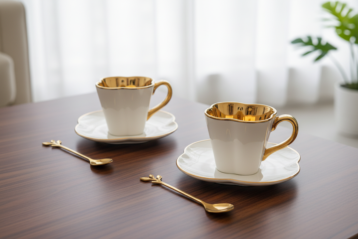 Set de 2 Tazas para café de Cerámica Con Dorado