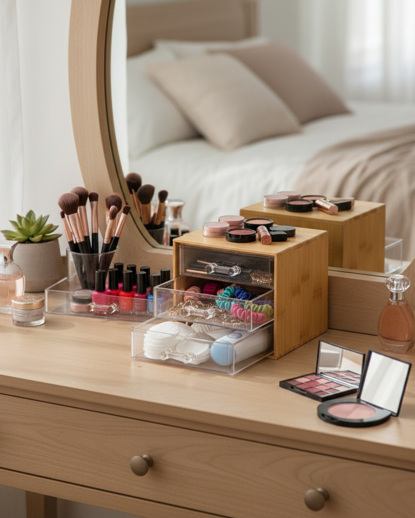 Organizador Maquillaje De Bambú Con 3 Cajones Acrílicos