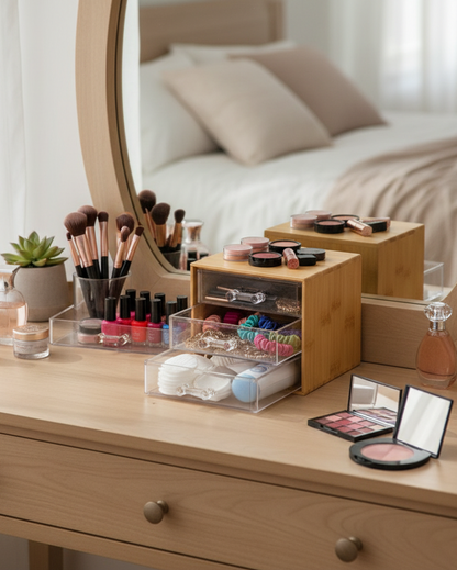 Organizador Maquillaje De Bambú Con 3 Cajones Acrílicos