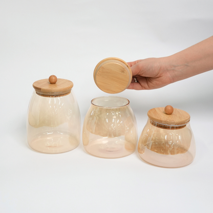Kit de 3 Frascos Elegantes De Vidrio Ámbar Con Tapa De Bambú Hermética