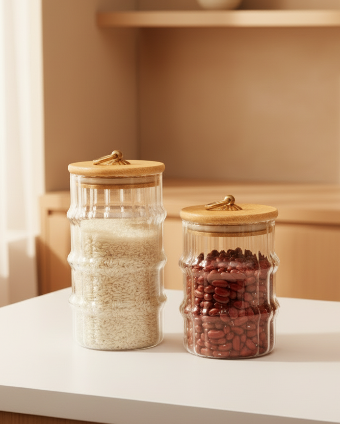 Set De 2 Frascos De Almacenamiento De Vidrio Elegantes Con Tapa De Bambú